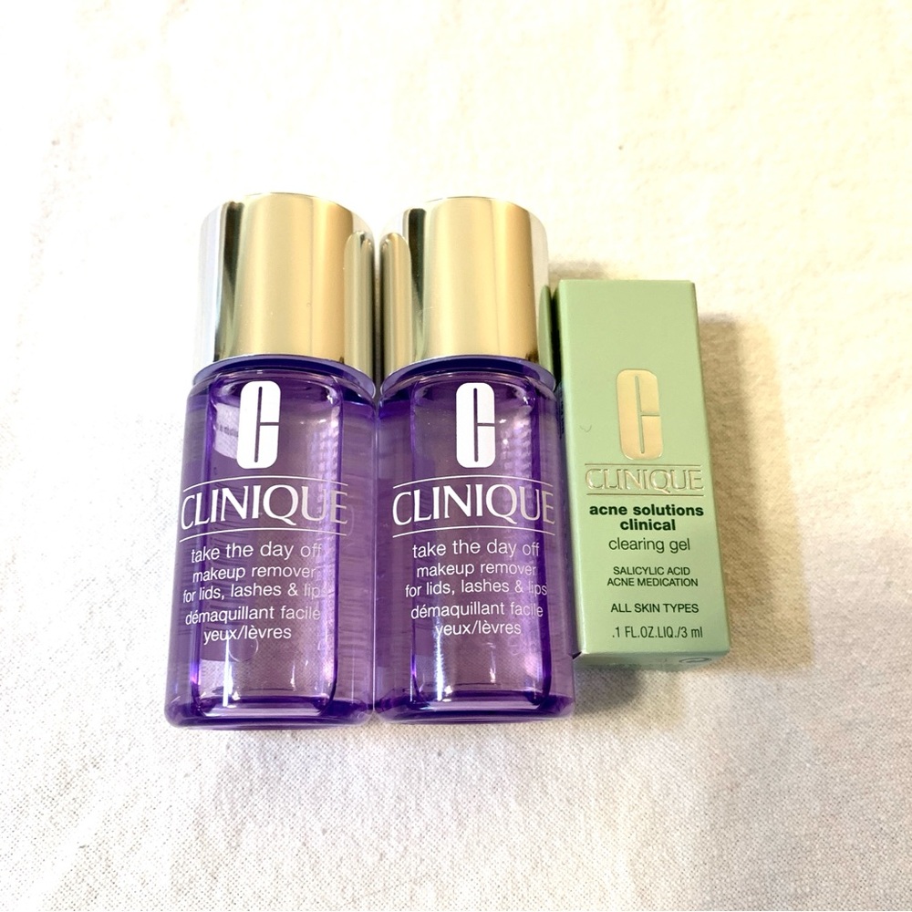 NWT Clinique Travel Sample Bundle: 2 Makeup Removers & 1 Acne Clearing Gel